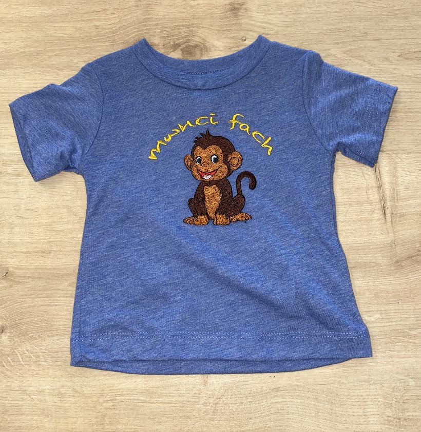 Blue 'Mwnci Fach' Embroidered T-Shirt image 0