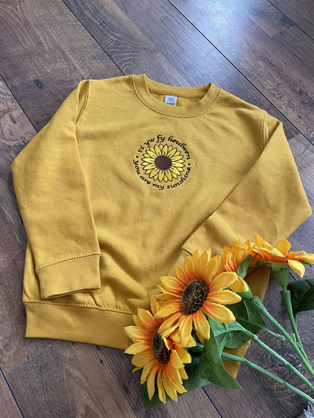 Embroidered Sunflower Jumper - "You Are My Sunshine" & "Ti yw fy Heulwen" - Cozy Gift for Her - Handcrafted Floral Sweater - Unique Sunflower Apparel image 3