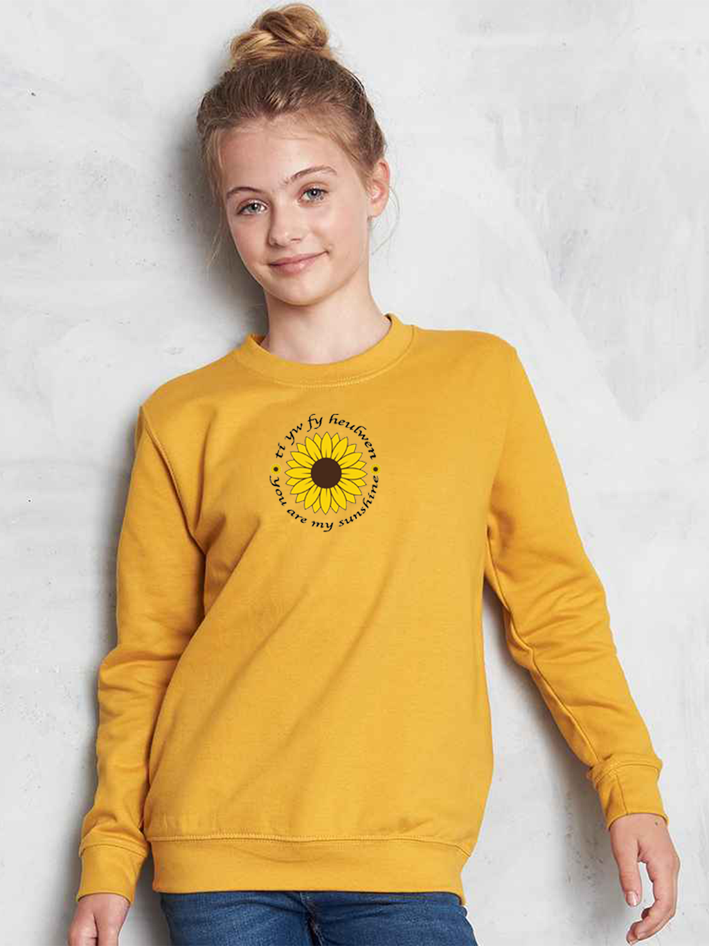 Embroidered Sunflower Jumper - "You Are My Sunshine" & "Ti yw fy Heulwen" - Cozy Gift for Her - Handcrafted Floral Sweater - Unique Sunflower Apparel image 1