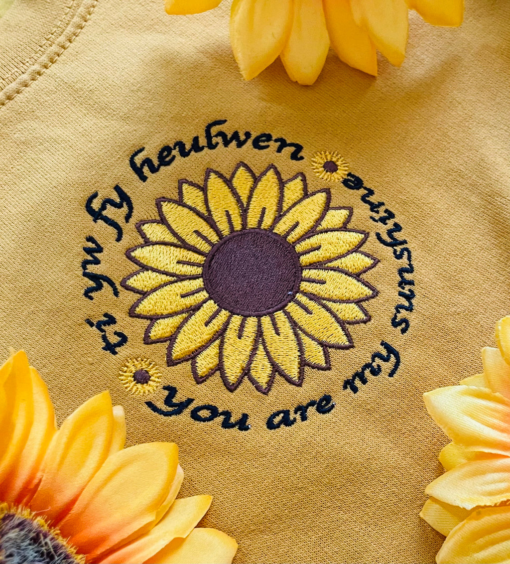 Embroidered Sunflower Jumper - "You Are My Sunshine" & "Ti yw fy Heulwen" - Cozy Gift for Her - Handcrafted Floral Sweater - Unique Sunflower Apparel image 2